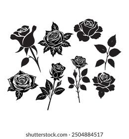 Colección de flores de rosa, conjunto de rosa decorativa con hojas. Silueta de la flor. Ilustración vectorial