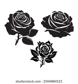 Rose flowers Collection, Set of decorative rose with leaves. Flower silhouette. Vector illustration