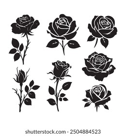 Rose flowers Collection, Set of decorative rose with leaves. Flower silhouette. Vector illustration