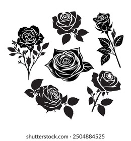 Rose flowers Collection, Set of decorative rose with leaves. Flower silhouette. Vector illustration