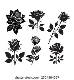 Colección de flores de rosa, conjunto de rosa decorativa con hojas. Silueta de la flor. Ilustración vectorial