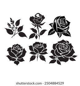 Rose flowers Collection, Set of decorative rose with leaves. Flower silhouette. Vector illustration