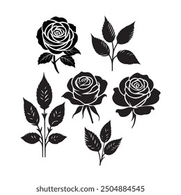 Rose flowers Collection, Set of decorative rose with leaves. Flower silhouette. Vector illustration