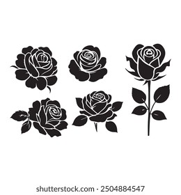 Rose flowers Collection, Set of decorative rose with leaves. Flower silhouette. Vector illustration