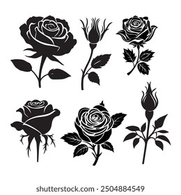 Rose flowers Collection, Set of decorative rose with leaves. Flower silhouette. Vector illustration
