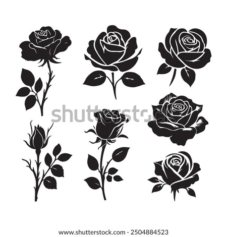 Rose flowers Collection, Set of decorative rose with leaves. Flower silhouette. Vector illustration