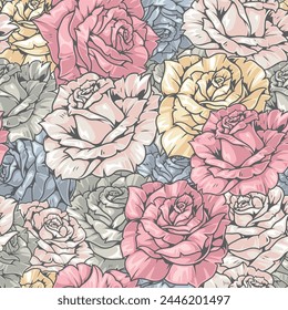 Patrón colorido de flores de rosa sin fisuras con cogollos elegantes de diferentes tonos para la Ilustración vectorial de diseño de lino pastel