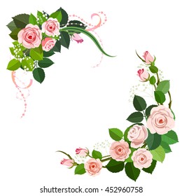 Rose flowers corners with ribbons for floral frame isolated on white background.