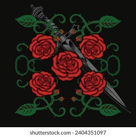 rose flowers and dagger knife