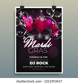 Rose flowers decorated party mask illustration on purple background for Mardi Gras party flyer design.