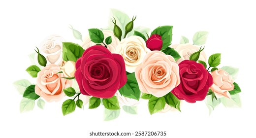 Rose flowers design element. Vector floral design element with red, orange, and white roses isolated on a white background. Hand-drawn illustration, not AI