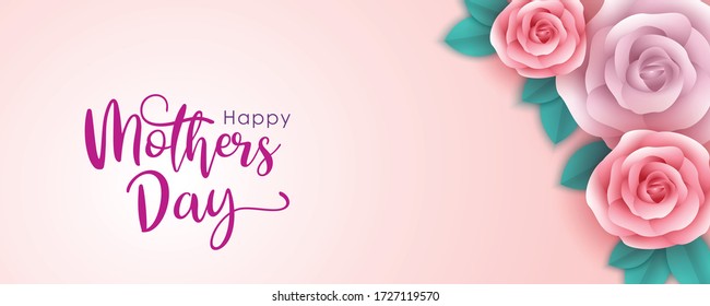 Rose flowers with different colors, and leaves on a pink background. Creative concept of Mother's Day celebration design. Paper Cut Style design 