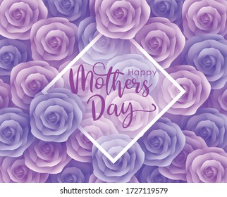 Rose flowers with different colors, and leaves on a purple background. Creative concept of Mother's Day celebration design. Paper Cut Style design 