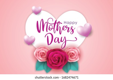 Rose flowers with different colors, love, and leaves on a pink background. Creative concept of Mother's Day celebration design. Mother's day greeting card with flowers background. Paper Cut Style desi