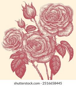 Rose Flowers. Editable hand drawn illustration. Vector vintage engraving. Isolated on light background. 8 EPS