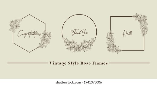 Rose flowers frame, decorative elements for birthday, greeting, Thank you, wedding, invitation, fashion, Beauty, Tattoo use. 