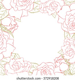 Rose flowers frame design element. Pink and green outline on white background.