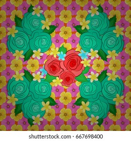 Rose flowers and green leaves. Vector illustration good for the interior design, printing, web and textile design. Seamless texture of floral ornament on a orange background.