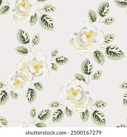 Rose flowers, green leaves, white background. Floral illustration. Vector seamless pattern. Botanical design. Garden nature plants. Romantic wedding print