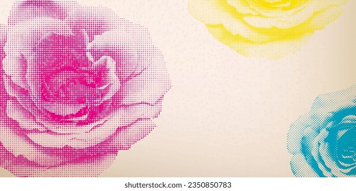 Rose flowers halftone screen CMYK colors transparent with riso print effect vector illustration on old paper background have blank space. Valentine's day greeting card template.