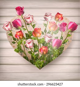 Rose flowers in heart shape on old wooden plates. Sweet holiday background. EPS 10 vector file included