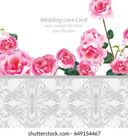 Rose flowers and Lace Wedding Invitation delicate card. Vector illustration