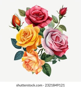 Flores de rosa y acuarela de hojas