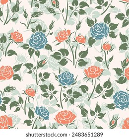 Rose Flowers with leaves and buds. Floral Seamless Pattern. Green Blue Pink Color. Vector illustration