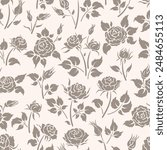 Rose Flowers with leaves and buds. Roses Seamless Pattern. Vintage Floral Vector Monochrome Background.