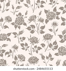 Rose Flowers with leaves and buds. Roses Seamless Pattern. Vintage Floral Vector Monochrome Background.