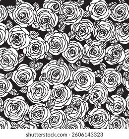 Rose flowers with leaves. Floral hand drawn art ornamental background. Doodle style. Vector illustration. Simple minimalistic nature design.