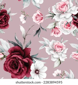 rose flowers and leaves painting watercolor floral seamless pattern