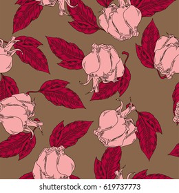 Rose flowers and leaves seamless pattern on brown background. Hand drawn vector illustration.