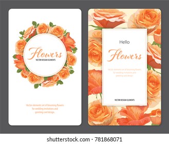 Rose flowers in orange color and begonia flower on white background template. Vector set of blooming floral for wedding invitations and greeting card design.