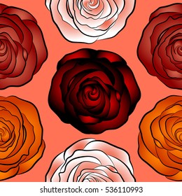 Rose flowers in orange, white and red colors, abstract, stylized. Seamless pattern can be used as greeting card, invitation card for wedding, birthday and other holidays and summer background.