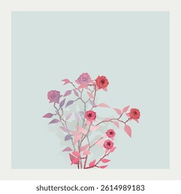 Rose flowers pastel colors with light green frame square background retro style graphic illustration have blank space. Valentine's day greeting card template. Weeding invitaion card template.