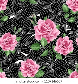 Rose flowers, petals and leaves on black ornate background. Seamless pattern for textile, wrapping paper, package, Art vector illustration.
