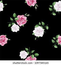 Rose flowers, petals and leaves in watercolor style on black background. Seamless pattern for textile, wrapping paper, package, Art vector illustration.