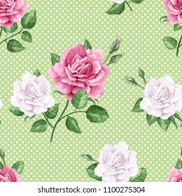 Rose flowers, petals and leaves in watercolor style on white background. Seamless pattern for textile, wrapping paper, package, Art vector illustration.