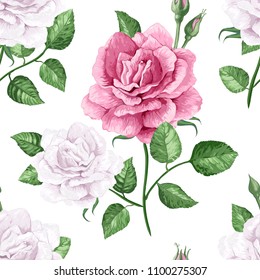 Rose flowers, petals and leaves in watercolor style on white background. Seamless pattern for textile, wrapping paper, package, Art vector illustration.