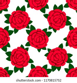 Rose flowers, petals and leaves white background. Seamless pattern for textile, wrapping paper, package, vector illustration.