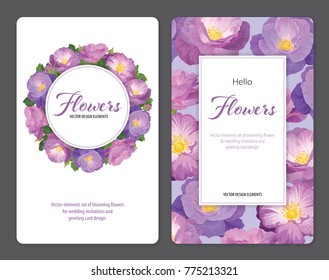 Rose flowers in purple color and leaf on white background template. Vector set of blooming floral for wedding invitations and greeting card design.