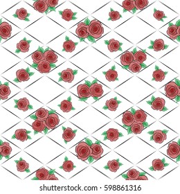 A lot of rose flowers in red colors. Cute vector seamless pattern with many repeating rose flower bouquetes on the white background.