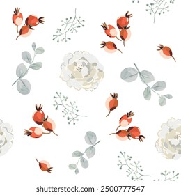 Rose flowers, red rosehip berries, gray leaves, white background. Floral illustration. Vector seamless pattern. Botanical design. Garden nature plants