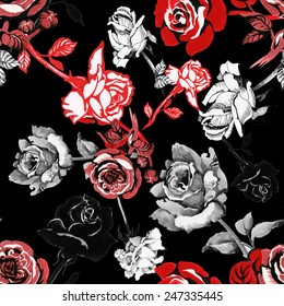 Rose flowers retro seamless pattern on black background vector illustration