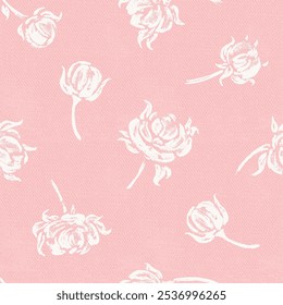 Rose Flowers. Roses Seamless Vector White Pink Pattern. Monochrome Vintage Floral Background.
