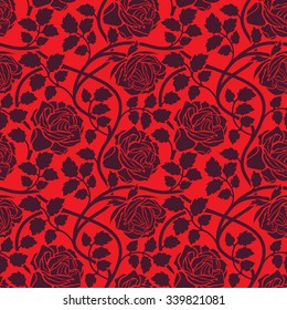 Rose flowers seamless background. Floral ornament with flower head, leaves and liana, wavy branches foliate pattern in red colors.