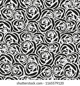 Rose flowers seamless digital black and white hand drawn ink pattern. Poster with different doodles for fabric, wrapping, decoration, greeting card, textiles or t-shirt apparel design.