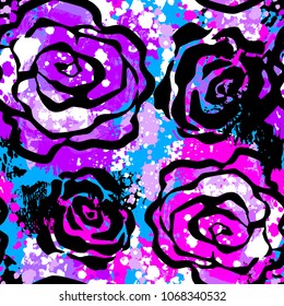 Rose flowers seamless hand craft expressive ink pattern. Funky style painted texture, poster with different doodles for fabric, wrapping, decoration, greeting card,  textiles or t-shirt apparel 