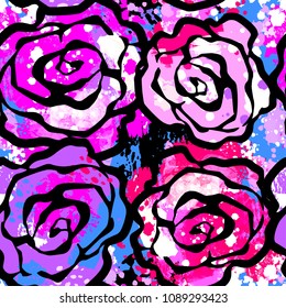Rose flowers seamless hand craft expressive ink pattern. Funky style painted texture, poster with different doodles for fabric, wrapping, decoration, greeting card,  textiles or t-shirt apparel design